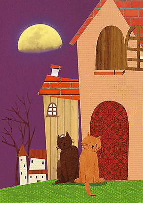 PSD 나무 동물 두마리 일러스트 상상 주택 사람없음 야외 판타지 고양이 달 야간 국내일러스트 자연요소 식물 2 포유류 건물 반려동물 파일형식