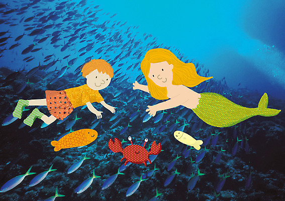 PSD 편집이미지 여자 남자 어린이 바다 상상 동화 이야기 어류 사람 소년 두명 판타지 수중 수영 꽃게 인어공주 어린이만 이미지편집 수중동물 게 수상스포츠 공주님 파일형식