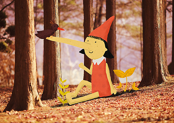 주간 PSD 나무 식물 편집이미지 여자 어린이 상상 조류 동화 이야기 한명 사람 소녀 야외 판타지 가을 숲속 피노키오 여자만 여자한명만 어린이만 소녀만 소녀한명만 이미지편집 자연요소 동물 1 계절 숲 파일형식