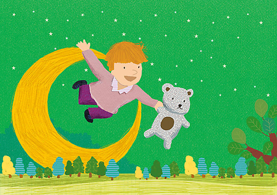 PSD 남자 별 어린이 일러스트 상상 한명 사람 야외 판타지 장난감 곰인형 비행 달밤 초승달 남자한명만 어린이만 국내일러스트 자연요소 1 인형 달 남자만 파일형식