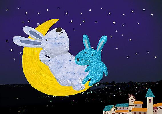 PSD 동물 편집이미지 별 두마리 상상 밤하늘 사람없음 야외 판타지 마을 달밤 토끼 도시 야간 초승달 반려 이미지편집 자연요소 2 포유류 하늘 반려동물 달 파일형식