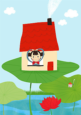 PSD 식물 여자 어린이 일러스트 상상 나비넥타이 주택 연꽃 한명 사람 소녀 판타지 꿈 로맨틱 연잎 여자만 여자한명만 어린이만 소녀만 소녀한명만 국내일러스트 1 꽃 컨셉 잎 넥타이 건물 파일형식