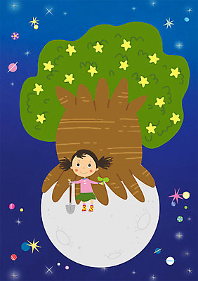 PSD 나무 식물 여자 어린이 일러스트 상상 한명 사람 소녀 판타지 새싹 우주 꿈 행성 로맨틱 삽 바오밥나무 여자만 여자한명만 어린이만 소녀만 소녀한명만 국내일러스트 1 컨셉 파일형식