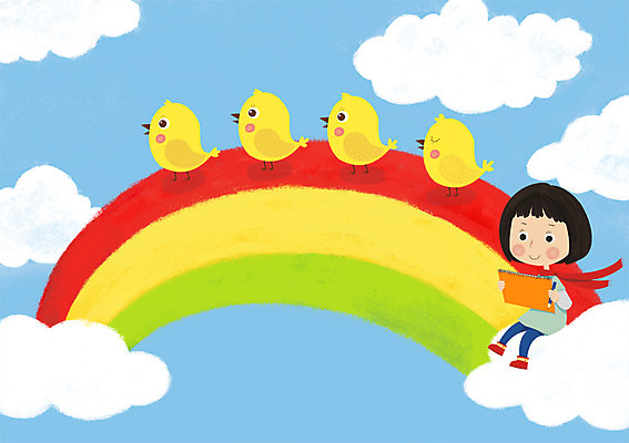 PSD 구름 여자 어린이 무지개 일러스트 상상 하늘 병아리 한명 사람 소녀 판타지 꿈 로맨틱 스케치북 그림 여자만 여자한명만 어린이만 소녀만 소녀한명만 국내일러스트 자연요소 1 컨셉 조류 학용품 파일형식