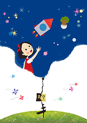 PSD 여자 어린이 여행 일러스트 통신 상상 한명 사람 소녀 판타지 우주 꿈 로맨틱 우주선 여자만 여자한명만 어린이만 소녀만 소녀한명만 국내일러스트 1 컨셉 파일형식