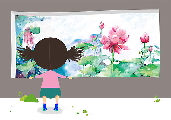 PSD 식물 여자 어린이 일러스트 창문 상상 주택 연꽃 한명 사람 풍경 소녀 판타지 꿈 로맨틱 연잎 여자만 여자한명만 어린이만 소녀만 소녀한명만 국내일러스트 1 꽃 컨셉 잎 건물 파일형식