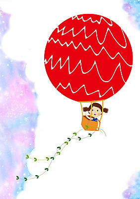 PSD 여자 어린이 일러스트 상상 한명 사람 소녀 판타지 꿈 로맨틱 열기구 비행 여자만 여자한명만 어린이만 소녀만 소녀한명만 국내일러스트 1 컨셉 항공교통 파일형식