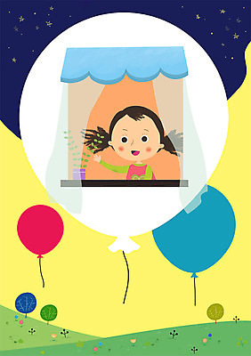 PSD 여자 어린이 일러스트 창문 상상 주택 한명 사람 소녀 판타지 꿈 로맨틱 커튼 풍선 여자만 여자한명만 어린이만 소녀만 소녀한명만 국내일러스트 1 컨셉 건물 파일형식