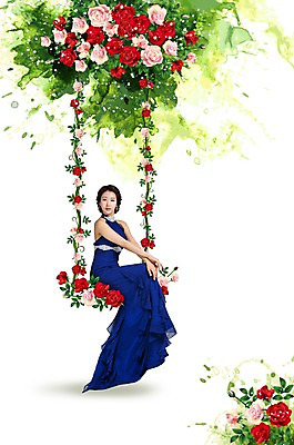 PSD 식물 편집이미지 드레스 여자 캘리배경 백그라운드 캘리그라피 한명 사람 성인 장미 한국인 먹 그네 손그림 여자만 여자한명만 성인여자만 이미지편집 1 옷 꽃 서예 동양인 성인만 파일형식