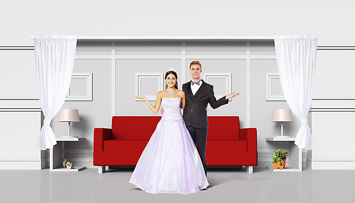 전신 PSD 서양인 외국인 편집이미지 부부 여자 남자 화분 액자 결혼 조명 실내 서기 사람 성인 두명 인테리어 소파 3D 커튼 신혼집 성인만 이미지편집 편집3D 디자인 커플 의자 모션 인종 이벤트 내부 디지털합성 파일형식