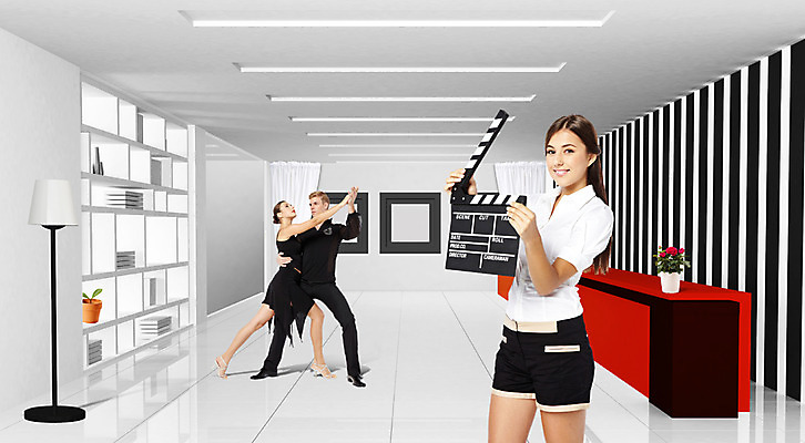 PSD 편집이미지 커플 여자 남자 액자 조명 책장 실내 사람 성인 세명 인테리어 3D 촬영 춤 클래퍼보드 영화 성인만 이미지편집 편집3D 디자인 가구 관계 문화예술 내부 디지털합성 파일형식