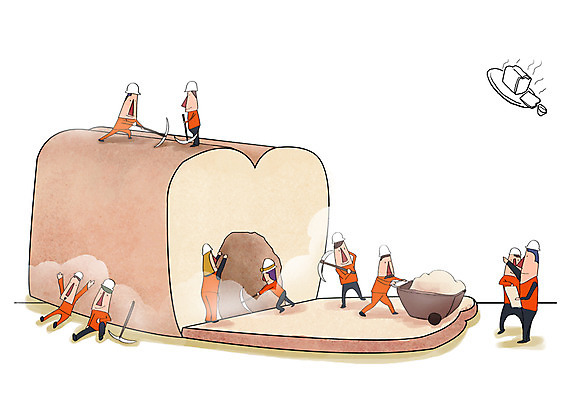 PSD 남자 음식 빵 일러스트 상상 노동자 사람 여러명 판타지 수레 작업 안전모 발굴 식빵 곡괭이 남자만 국내일러스트 직업 다수 카트 헬멧 안전장비 파일형식