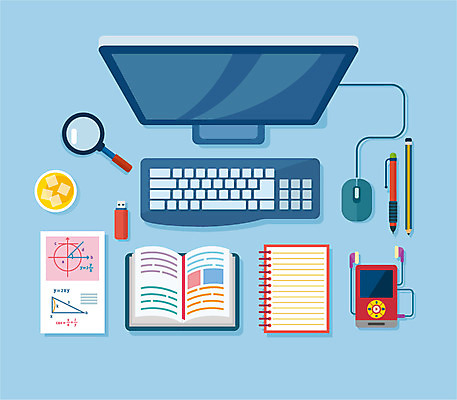 일러스트 돋보기 정보기술 사람없음 책 컴퓨터 모니터 공책 키보드 플랫 차 MP3 USB 문서 국내일러스트 AI파일 음료 문구용품 기술 전자제품 파일형식 벡터