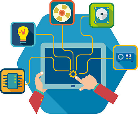 손 컬러 일러스트 전구 정보기술 한명 사람 신체부위 파란색 컬러풀 태블릿 CD 플랫 설정 하드디스크 국내일러스트 AI파일 1 기술 전자제품 스마트기기 파일형식 벡터