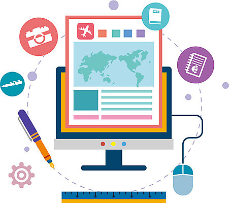 컬러 여행 일러스트 자 정보기술 사람없음 책 컴퓨터 컬러풀 펜 카메라 공책 마우스 플랫 여행용품 국내일러스트 AI파일 문구용품 기술 전자제품 필기구 컴퓨터용품 오브젝트 파일형식 벡터