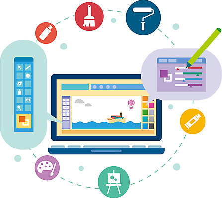 예술 컬러 일러스트 정보기술 미술 사람없음 노트북 컬러풀 펜 물감 미술도구 붓 팔레트 플랫 USB 페인트붓 국내일러스트 AI파일 문화예술 기술 전자제품 필기구 오브젝트 파일형식 벡터