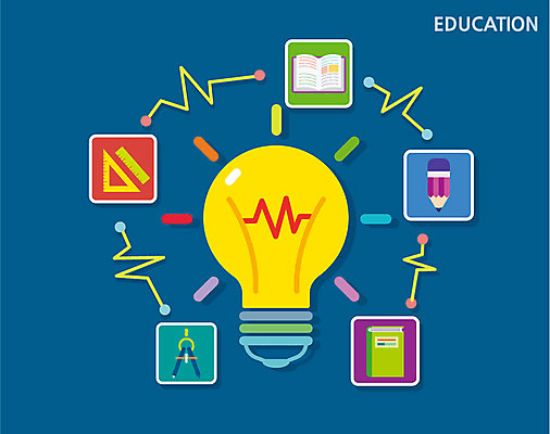 교육 컬러 일러스트 전구 아이디어 자 사람없음 책 파란색 컬러풀 연필 플랫 컴파스 국내일러스트 AI파일 컨셉 문구용품 학용품 필기구 파일형식 벡터