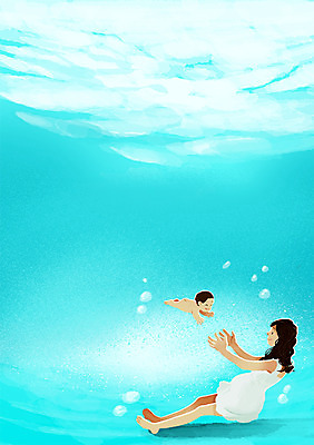 PSD 여자 바다 일러스트 엄마 사람 성인 두명 물 수중 임산부 임신 아기 출산 태교 양수 여자만 국내일러스트 자연요소 가족 파일형식