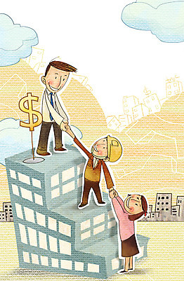 PSD 여자 남자 일러스트 비즈니스 협력 노동자 사람 정장 빌딩 성인 세명 달러 손잡기 도움 비즈니스맨 안전모 화합 노사화합 국내일러스트 직업 옷 컨셉 돈 모션 건물 직장인 헬멧 안전장비 파일형식