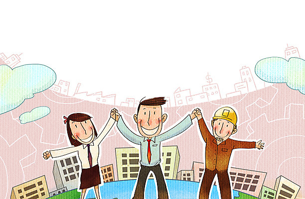 PSD 여자 남자 일러스트 비즈니스 협력 노동자 사람 정장 빌딩 성인 세명 손잡기 비즈니스맨 안전모 화합 노사화합 근로자의날 국내일러스트 직업 옷 기념일 모션 건물 직장인 헬멧 안전장비 파일형식