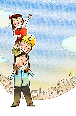 PSD 여자 남자 일러스트 비즈니스 협력 노동자 사람 정장 빌딩 성인 세명 비즈니스맨 목말 안전모 화합 노사화합 근로자의날 국내일러스트 직업 옷 기념일 모션 건물 직장인 헬멧 안전장비 파일형식