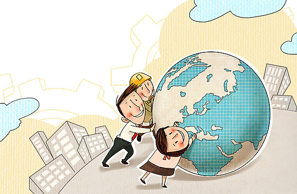 PSD 여자 남자 지구 일러스트 비즈니스 협력 노동자 사람 정장 빌딩 성인 세명 글로벌 지구본 비즈니스맨 안전모 화합 노사화합 국내일러스트 직업 옷 건물 직장인 헬멧 안전장비 파일형식