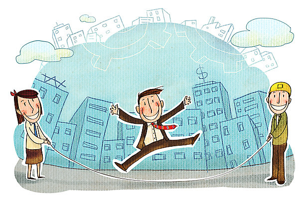 PSD 여자 남자 일러스트 비즈니스 협력 노동자 사람 정장 빌딩 성인 세명 비즈니스맨 안전모 줄넘기 화합 노사화합 국내일러스트 직업 옷 건물 운동 직장인 헬멧 안전장비 파일형식