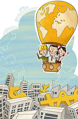 PSD 여자 남자 일러스트 비즈니스 공장 노동자 사람 정장 빌딩 성인 세명 달러 열기구 비행 비즈니스맨 화폐기호 엔 안전모 화합 노사화합 국내일러스트 직업 기호 옷 돈 공업 항공교통 건물 직장인 헬멧 안전장비 화폐 파일형식