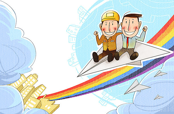 PSD 구름 남자 무지개 일러스트 비즈니스 어깨동무 노동자 사람 정장 빌딩 성인 두명 비행 비즈니스맨 안전모 종이비행기 화합 노사화합 성인남자만 국내일러스트 자연요소 직업 옷 포즈 건물 직장인 헬멧 안전장비 종이접기 남자만 성인만 파일형식