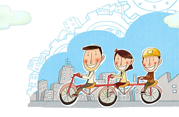 PSD 여자 남자 일러스트 비즈니스 공장 협력 노동자 사람 빌딩 성인 세명 자전거 비즈니스맨 안전모 화합 노사화합 근로자의날 3인용자전거 국내일러스트 직업 기념일 공업 건물 바이크 직장인 헬멧 안전장비 파일형식