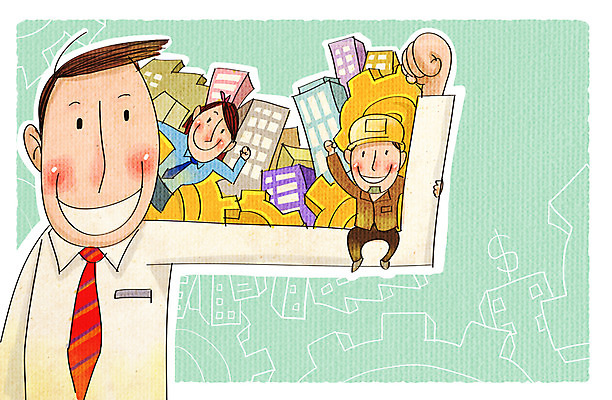 PSD 여자 남자 일러스트 비즈니스 협력 노동자 사람 정장 빌딩 성인 세명 비즈니스맨 안전모 톱니바퀴 화합 노사화합 국내일러스트 직업 옷 건물 직장인 헬멧 안전장비 파일형식