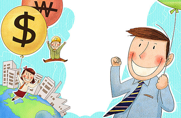 PSD 여자 남자 지구 일러스트 비즈니스 공장 노동자 사람 빌딩 성인 세명 지구본 달러 비즈니스맨 화폐기호 화합 풍선 노사화합 국내일러스트 직업 기호 돈 공업 건물 직장인 화폐 파일형식