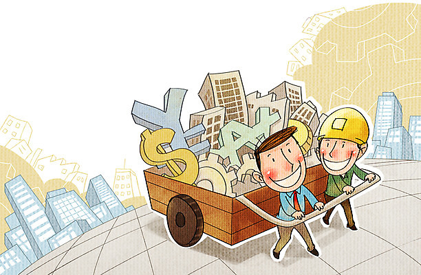 PSD 남자 일러스트 비즈니스 협력 노동자 사람 빌딩 두명 달러 수레 비즈니스맨 화폐기호 엔 안전모 화합 노사화합 국내일러스트 직업 기호 돈 건물 카트 직장인 헬멧 안전장비 화폐 파일형식