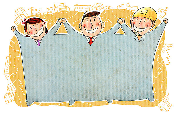 PSD 여자 남자 일러스트 비즈니스 노동자 프레임 사람 성인 세명 손잡기 비즈니스맨 안전모 화합 노사화합 국내일러스트 직업 모션 직장인 헬멧 안전장비 파일형식