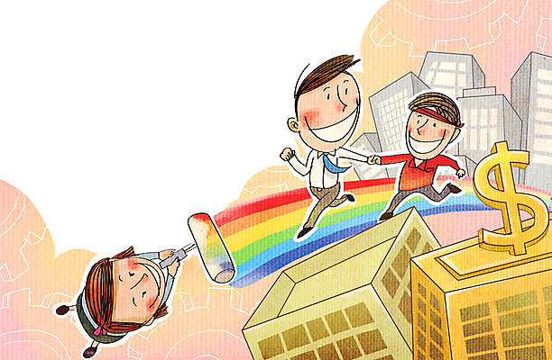 PSD 여자 남자 무지개 일러스트 비즈니스 협력 노동자 사람 빌딩 성인 세명 달리기 달러 손잡기 비즈니스맨 페인트칠 화폐기호 화합 노사화합 국내일러스트 자연요소 직업 기호 돈 모션 페인팅 건물 직장인 화폐 파일형식