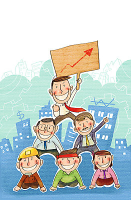 PSD 여자 남자 일러스트 비즈니스 협력 노동자 알림판 사람 정장 빌딩 여러명 성인 팻말 성장 비즈니스맨 안전모 화합 노사화합 국내일러스트 직업 옷 다수 프레임 건물 직장인 헬멧 안전장비 파일형식