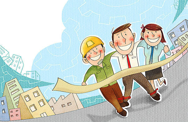 PSD 여자 남자 일러스트 비즈니스 어깨동무 협력 노동자 사람 정장 빌딩 성인 세명 달리기 비즈니스맨 안전모 화합 노사화합 국내일러스트 직업 옷 포즈 모션 건물 직장인 헬멧 안전장비 파일형식