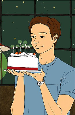 PSD 라이프스타일 남자 음식 맨라이프 일러스트 창문 밤하늘 실내 한명 들기 사람 이벤트 상반신 성인 파티 케이크 생일파티 남자만 남자한명만 성인남자만 성인만 국내일러스트 1 모션 하늘 디저트 내부 생활 생일 야간 파일형식