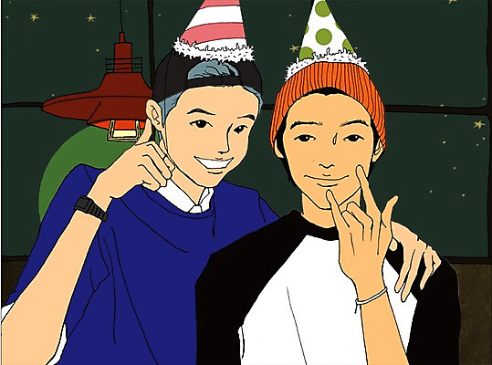 PSD 라이프스타일 남자 맨라이프 일러스트 어깨동무 조명 실내 사람 이벤트 상반신 성인 두명 파티 생일파티 남자만 성인남자만 성인만 국내일러스트 포즈 내부 생활 생일 파일형식