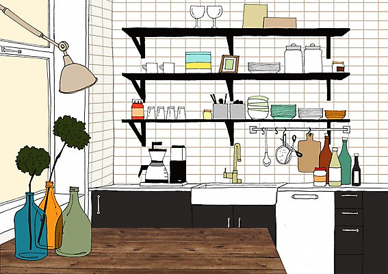 PSD 그릇 일러스트 창문 주방용품 선반 실내 사람없음 컵 인테리어 주방 병 커피메이커 싱크대 조리대 안식처 국내일러스트 식기 디자인 가구 생활용품 휴식 내부 개수대 커피용품 파일형식