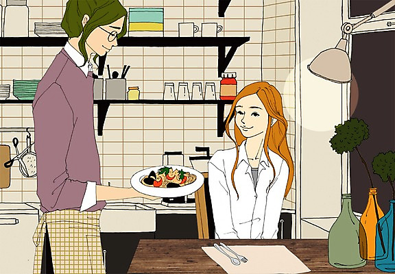 PSD 라이프스타일 커플 여자 남자 음식 맨라이프 일러스트 식탁 실내 사람 성인 두명 주방 식사 대접 환대 병 초대 성인만 국내일러스트 식기 컨셉 관계 탁자 내부 생활 파일형식