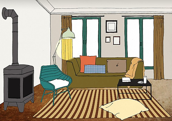 PSD 액자 쿠션 거실 의자 일러스트 창문 탁자 집안 조명 실내 사람없음 인테리어 소파 카펫 공간 커튼 난로 안식처 국내일러스트 디자인 가구 휴식 내부 난방기 파일형식