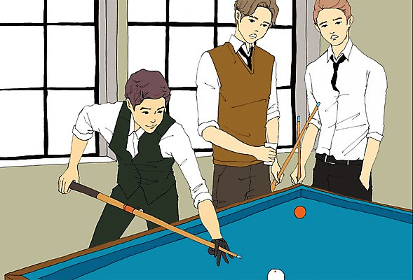 PSD 라이프스타일 남자 맨라이프 일러스트 창문 실내 서기 사람 정장 성인 세명 게임 당구 큐 당구채 당구장 남자만 성인남자만 성인만 국내일러스트 옷 모션 놀이 내부 생활 구기 당구용품 파일형식