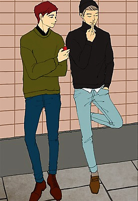 주간 전신 PSD 라이프스타일 남자 맨라이프 일러스트 거리 흡연 담배 서기 사람 성인 야외 두명 라이터 남자만 성인남자만 성인만 국내일러스트 자연요소 모션 생활 파일형식