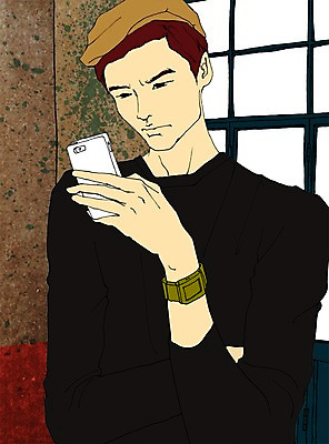 PSD 라이프스타일 응시 남자 맨라이프 일러스트 창문 실내 한명 사람 상반신 성인 스마트폰 찡그림 남자만 남자한명만 성인남자만 성인만 국내일러스트 1 시선 표정 내부 생활 핸드폰 스마트기기 파일형식