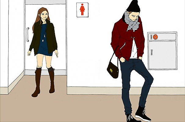 전신 PSD 라이프스타일 커플 여자 남자 맨라이프 데이트 일러스트 실내 서기 사람 성인 두명 기다림 화장실 성인만 국내일러스트 관계 모션 내부 생활 파일형식