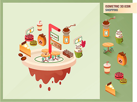 커피 음식 의자 일러스트 탁자 빨대 사람없음 쇼핑 케이크 카페 원두 조각케이크 종이컵 분석 마카롱 아이소메트릭 커피자루 원두봉투 국내일러스트 AI파일 음료 가구 컨셉 디저트 봉투 컵 상점 일회용 자루 파일형식 벡터
