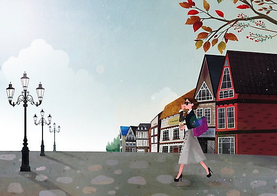 주간 전신 PSD 우먼라이프 라이프스타일 계절 여자 여유 백그라운드 가로등 일러스트 거리 한명 사람 성인 취미 야외 건물 쇼핑 쇼핑백 걷기 마을 가을 여자만 여자한명만 성인여자만 성인만 가을배경 국내일러스트 자연요소 1 건축물 공공시설 감정 가방 모션 생활 파일형식 가을_계절