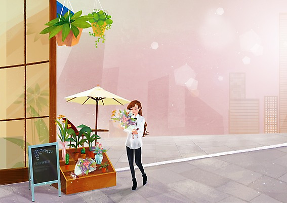 주간 전신 PSD 식물 우먼라이프 라이프스타일 여자 꽃 화분 꽃다발 백그라운드 일러스트 한명 서기 사람 성인 취미 야외 도시 꽃집 여자만 여자한명만 성인여자만 성인만 국내일러스트 자연요소 1 모션 생활 상점 파일형식