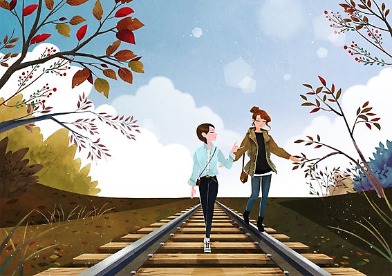 주간 전신 PSD 우먼라이프 라이프스타일 계절 여자 여행 백그라운드 일러스트 서기 사람 성인 취미 야외 두명 친구 산책 기찻길 가을 여자만 성인여자만 성인만 가을배경 국내일러스트 자연요소 관계 모션 휴식 생활 파일형식 가을_계절